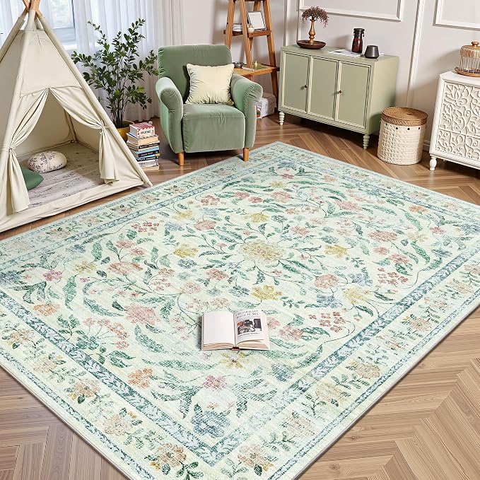 5x7 Area Rugs, Vintage Rugs for Bedroom, Indoor Non-Slip Washable Rug for Living Room, Dining Room, Low Pile Home Decor Floral Rug(Beige Bloom)