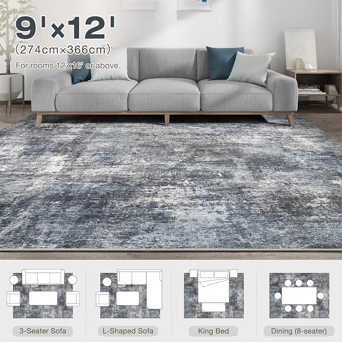 Abstract 9x12 Area Rug: Machine Washable Non Slip Ultra Thin Low-Pile Carpet, Soft Stain Resistant for Living Dining Room Bedroom, Kid Pet Friendly, Robot Vacuum Compatible - Dark Grey/Blue