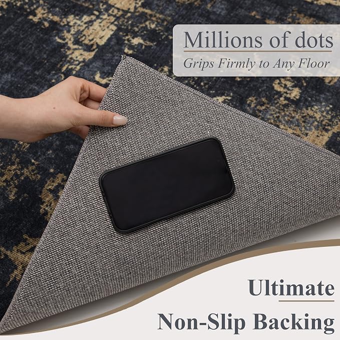 Sasttie 5x7 Soft Area Rug for Living Room, Modern Abstract Washable Carpet for Bedroom, with Non-Slip Backing, Black and Gold