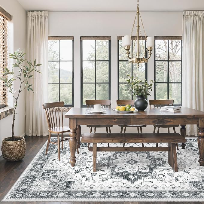 befbee Washable Area Rug 5x7, Area Rugs Stain Resistant Neutral Washable Rugs for Living Rooms Bedroom Vintage Non-Slip Thin Large Size Area Rug（Grey）
