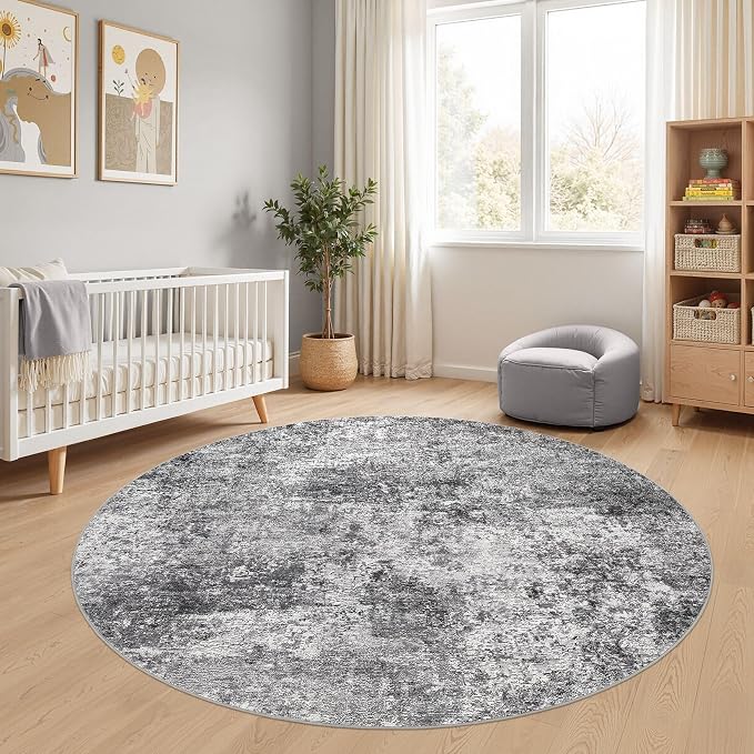 DMOYEST 6ft Round Area Rug Living Room Rugs - 6x6 Washable Large Soft Indoor Neutral Modern Abstract Low Pile Rug Carpet for Bedroom Dining Room Farmhouse Home Office - Grey