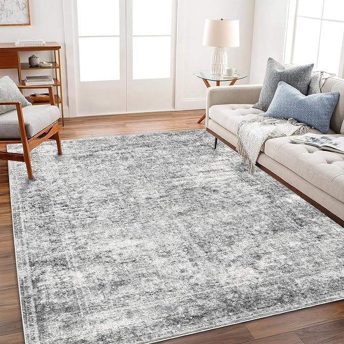 CHAMPLANT Area Rug 9x12 Washable Gray Vintage Traditional Mat Distressed Indoor Foldable Thin Retro Accent Floral Non Slip Carpet for Living Room Dining Room Office