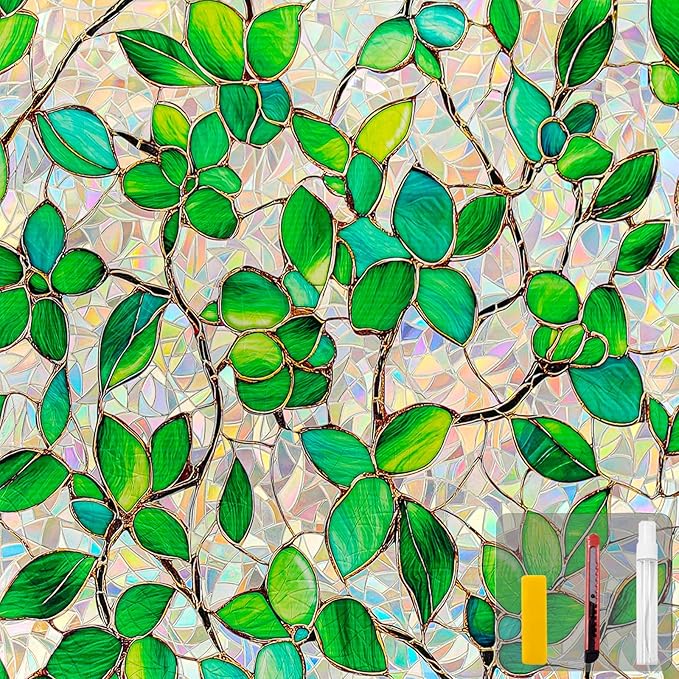 COUNTEWOL Window Privacy Film with Installation Tools Home Decorative Colored Glass Window Stickers Reusable electrostatic Rainbow Stickers (Greenery Leaf, 45.2 x 78.7 in)