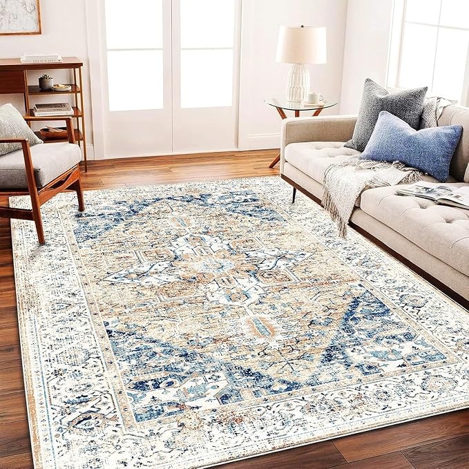 CHAMPLANT Washable Area Rug 9x12 Boho Chic Medallion Distressed Design Non-Shedding Easy Care Ideal for High Traffic Areas in Living Room Bedroom Office Coffee Table Large Carpet