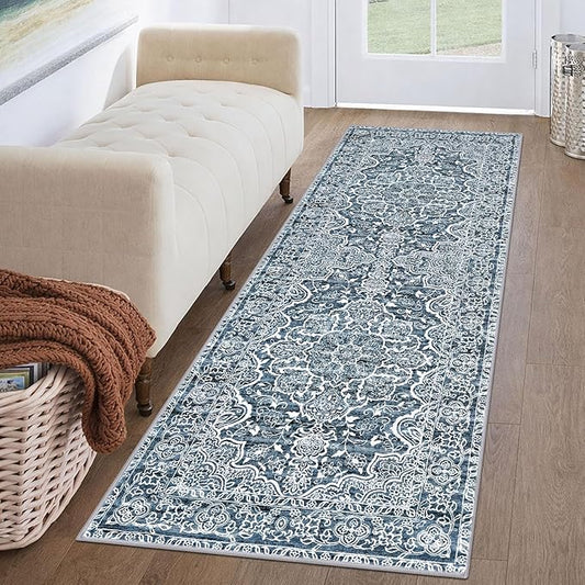 KUTA Vintage Washable Runner Rug, 2x6 Blue White Runners for Hallways Non-Slip Kitchen Rugs Ultra Soft Printed Distressed Floral Floor Carpet for Laundry Bedroom Living Room Nursery