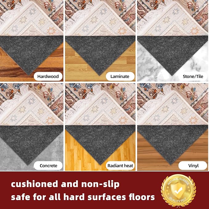 BAGAIL Felt and Natural Rubber Backing Rug Pads 3/8” Thick, 10 x 14 Ft Non Slip Carpet Gripper Keep Rugs in Place, Under Area Rug Protective Cushioned Pads, Carpet Runners, Hardwood Floors Protection