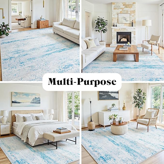 10x12 Area Rugs Washable Rug: Anti-Skid Abstract Modern Living Room Rug Soft Thin Carpets Indoor Floor Non-Shedding Carpet for Bedroom Dining Nursery Home Office (Light Blue/White/Beige,10'x12')