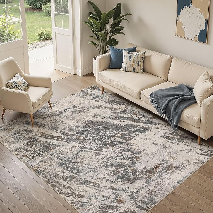 DMOYEST Area Rug Living Room Rugs - 5x7 Large Soft Indoor Neutral Modern Abstract Low Pile Washable Rug Carpet for Bedroom Dining Room Farmhouse Home Office-Dark Brown/Grey