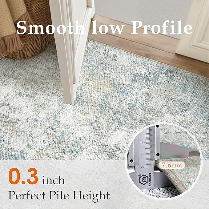 2x6 Washable Runner Rug Blue Cream Abstract Non Slip Soft Low Pile Hallway Kitchen Rug Neutral Modern Carpet for Laundry Bathroom Bedroom Living Room Home Decor