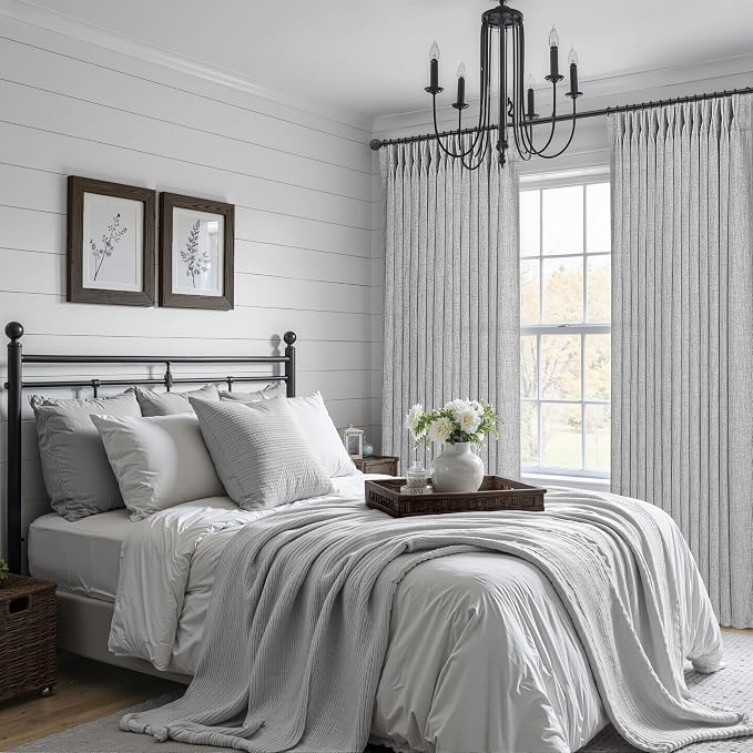 Light Grey Extra Long Floor to Ceiling Sheer Linen Curtains 108 Inches Long for Dining Room 2 Panels Set, Country Memory Trained Pinch Pleated Curtain 9 FT Length Office Luxury Viral Drapes with Hooks