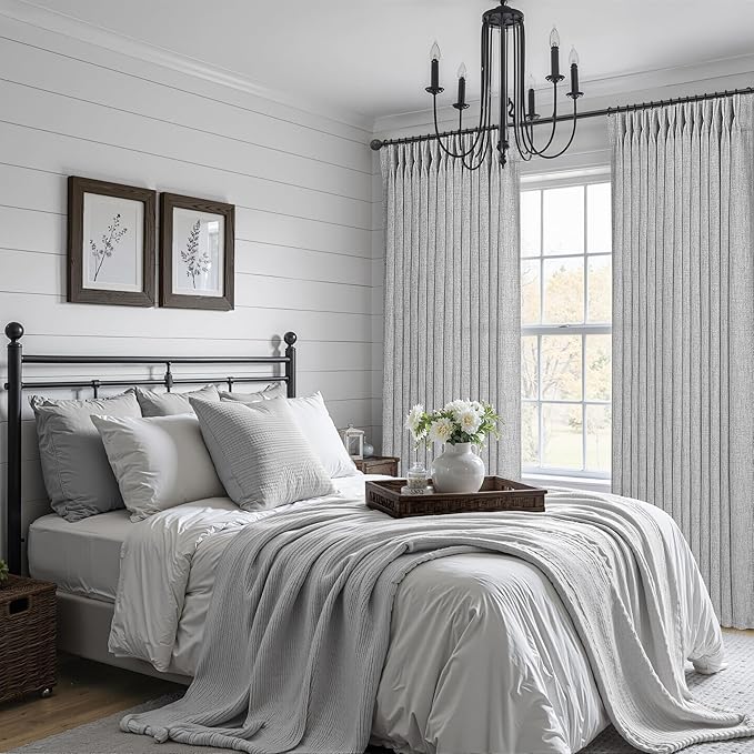Light Grey Pinch Pleated 63 Inch Length Kitchen Window Curtains Over Sink 2 Panels Set, Memory Trained Light Filtering Semi Sheer Short Curtain Natural Linen Privacy Modern Drapes for Basement Decor