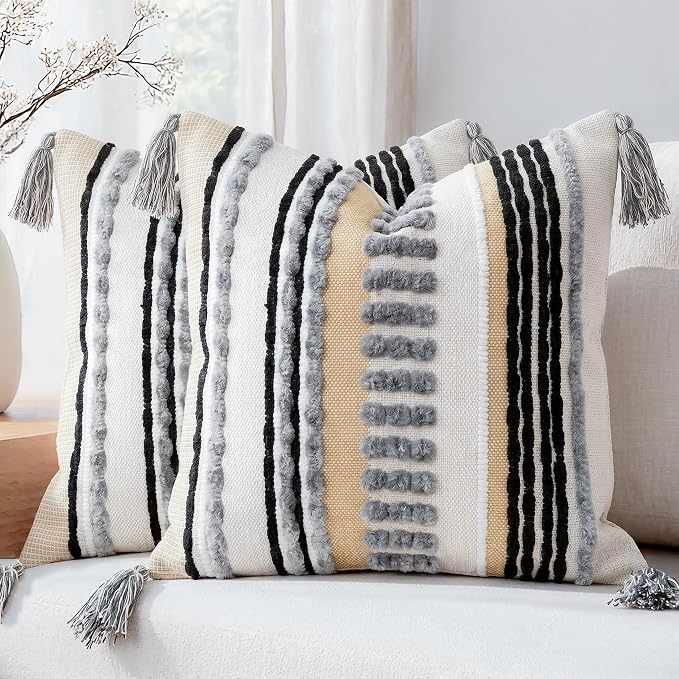 NUYECY Boho Throw Pillow Covers 16x16 Aesthetic Neutral Boucle Couch Pillow Cover Rainbow Striped Decorative Accent Pillow Case for Couch Bed Sofa Farmhouse Bedroom,Modern Funky,Set of 2 Grey