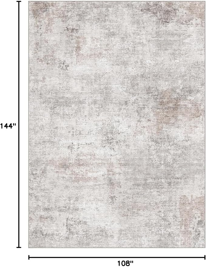 Abstract 9x12 Area Rug: Machine Washable Non Slip Ultra Thin Low-Pile Carpet, Soft Stain Resistant for Living Dining Room Bedroom, Kid Pet Friendly, Robot Vacuum Compatible - Brown Grey