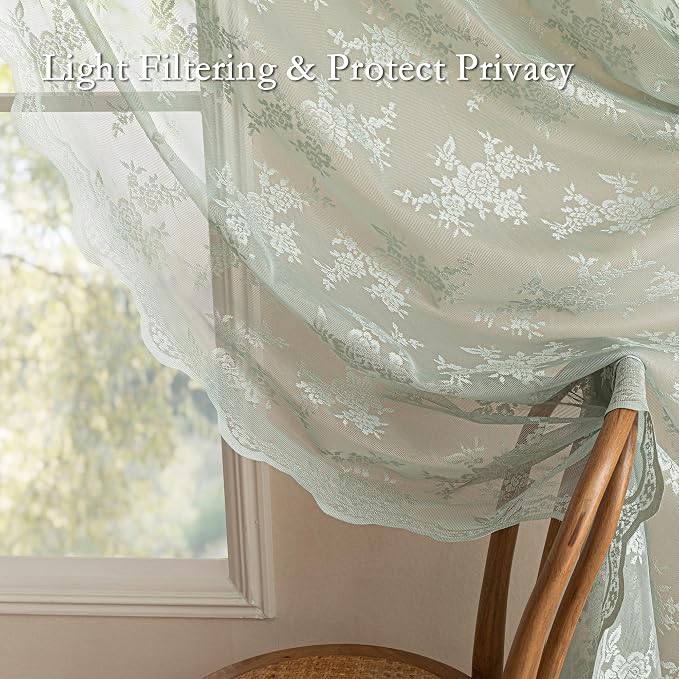 MEETSKY Lace Sheer Curtains 63 Inch Length Sage Green Spring Curtains Vintage Victorian French Lacy Curtain for Living Room Bedroom Light Filtering Drapes, 50" W Each Panel, 2 Panels