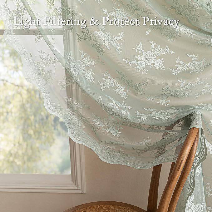 MEETSKY Lace Sheer Curtains 96 Inch Length Sage Green Vintage Victorian French Elegant Boho Decor for Living Room Dining Room Rod Pocket Light Filtering Drapes, 50" W Each Panel, 2 Panels