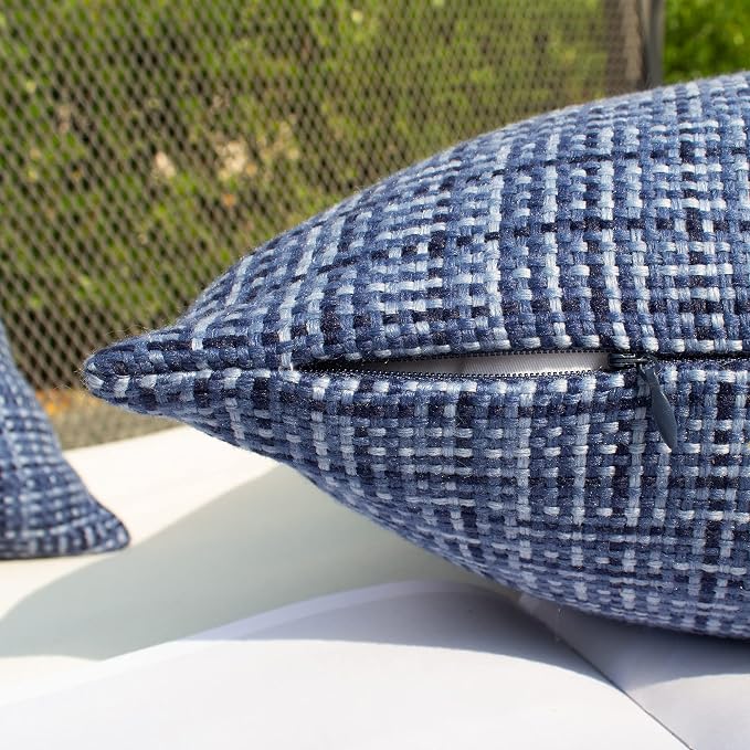 Kevin Textile Outdoor Waterproof Throw Pillow Covers 14x24 Inch Pack of 2 Woven Faux Linen Farmhouse Decorative Water Resistant Lumbar Cushion Covers for Tent Patio Garden Couch Sofa Navy Blue
