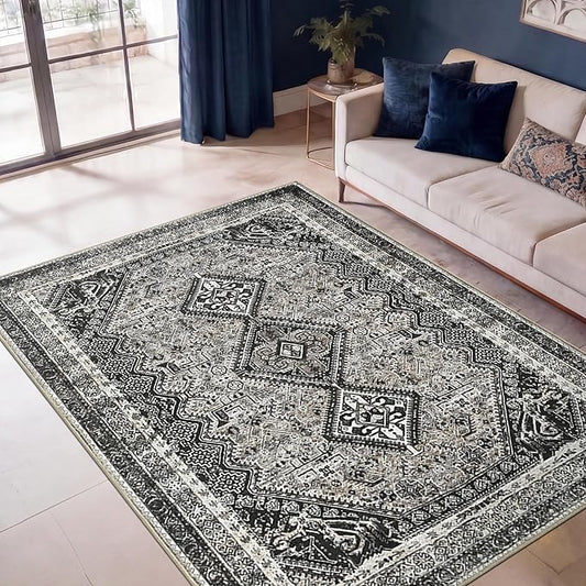 Keen Home Design 5x7 Rug - Machine Washable Area Rug with Non-Slip Backing, Ideal for Living Room, Dining Room, Bedroom - Vintage, Easy Clean, Durable, Low Pile Rug - (5' x 7')