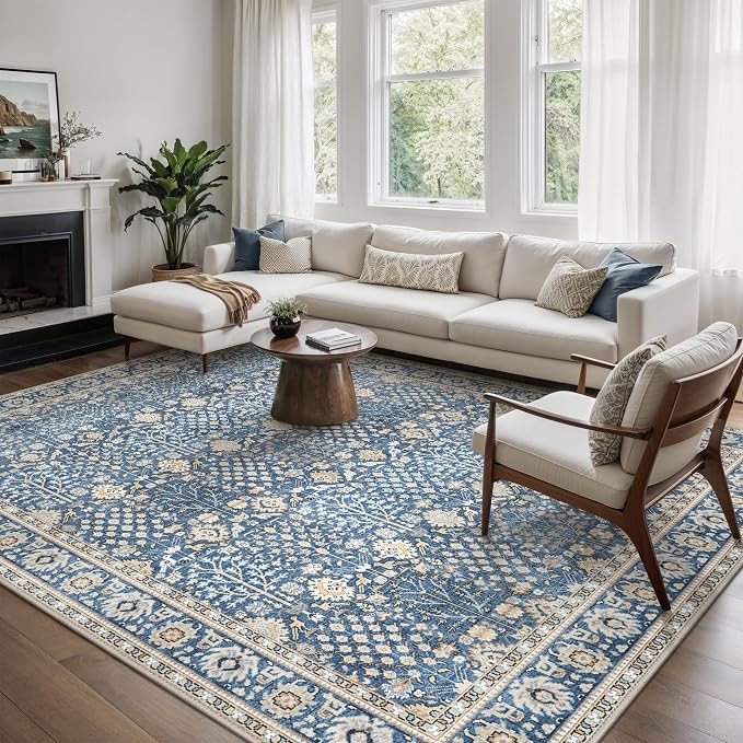 Bavni Washable Rugs 8x10-Machine Washable Rug Lightweight Low Pile, Vintage Floral Rug Non-Shedding Distressed Throw Carpet for Living Room Bedroom Office, Lake Blue