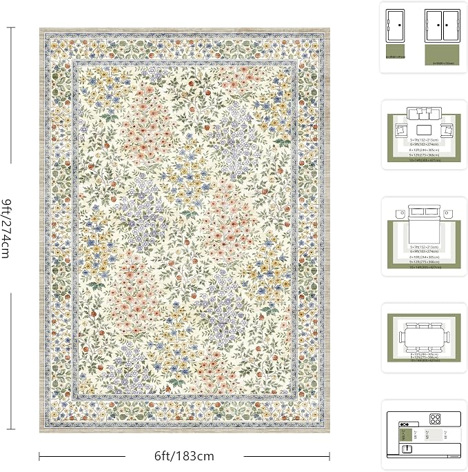 6x9 Area Rugs, Washable Floral Area Rugs for Living Room, Indoor Area Rug for Bedroom, Dining Room, Low Pile Non-Slip Non Shedding Rug(Beige Floral)