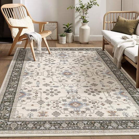5x7 Area Rugs for Living Room - Large Carpet Ultra Thin Soft Washable Oriental Vintage Floral Distressed Big Indoor Carpets for Bedroom Nursery Dorm Home Decor Aesthetic - Brown Black