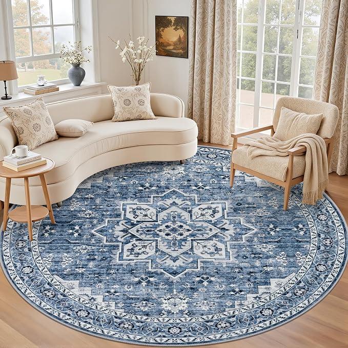 Round Area Rug for Living Room: 4 ft Washable Vintage Boho Soft Thin Circle Rug Indoor Floor No Slip Stain Resistant Carpet for Bedroom Dining Room Farmhouse Nursery Home Office - Blue