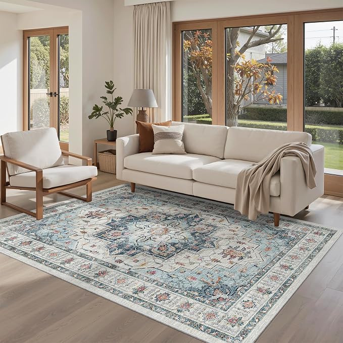 Madane Area Rug 4x6 Washable Rugs Vintage for Living Room, Blue | Ultra-Thin Stain Resistant Vintage Large 4'X6' Carpet, Soft Low Pile Floor Mat For Bedroom Dining Room Office Home Decor