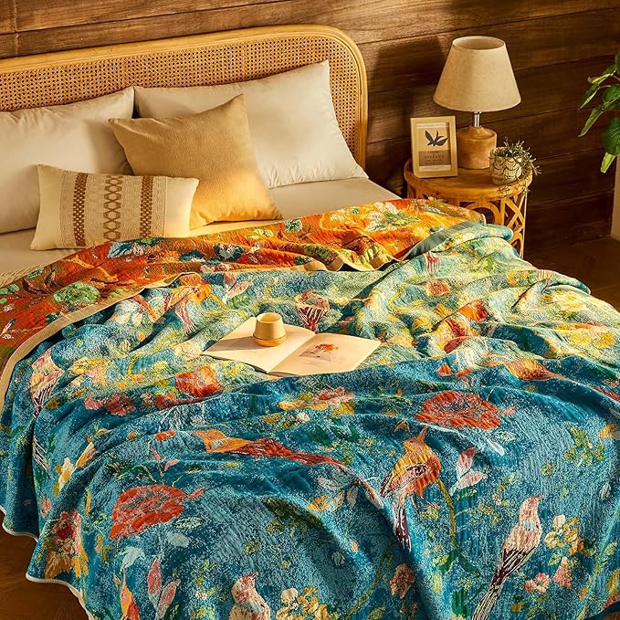Boho Throw Blanket 100% Cotton Muslin Woven Blanket Bohemian Bed Throws Vintage Rustic Farmhouse Decor Reversible Bed Blanket Quilt for All Seasons（Blue 90"x98"）