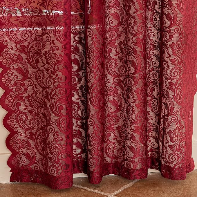 ALIGOGO Burgundy Kitchen Curtains 45 Inch Length, Vintage Floral Dark Red Short Lace Cafe Curtains for Small Window, Rod Pocket Light Flitering Semi-Sheer Art Décor, 52W x 45L Inch, 2 Panels