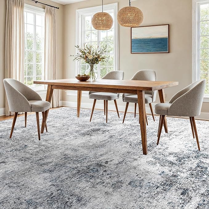 12x12 Square Living Room Area Rug - Washable Large Non-Slip Rug Modern Abstract Floor Carpet Neutral Thin Low-Pile Indoor mat for Bedroom Dining Room Playroom (Blue Gray,12x12)