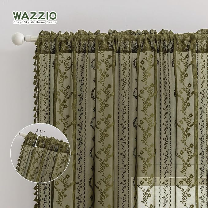 WAZZIO Boho Lace Curtains 2 Panels 84 Inch -Victorian Sheer Panel Drape French Country Floral Pattern & Tassel Light Filtering Privacy for Bedroom Dining Living Room,Coastal Decor,Olive Green,W52x L84