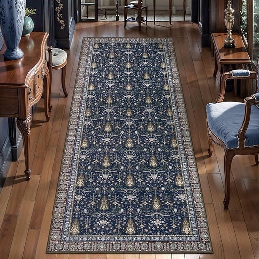 Tangsoo 2x6 Washable Runner Rug for Hallways, Non Slip Vintage Boho Blue Floral Rug for Entryway Kitchen Laundry, Non Slip Soft Low Pile Indoor Rug for Bedroom Bathroom Beside