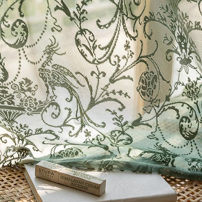 TUDECO Green Lace Curtains 72 Inch Length 2 Panels - Victorian Olive Sheer Spring Floral Curtains for Bedroom Nursery Boho Ruffle Privacy for Doorway Closet Rod Pocket,59 x 72 Inch, Olive Green
