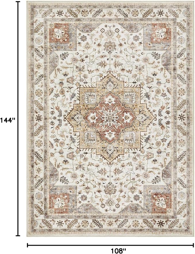 Vintage Living Room Area Rug 9x12 - Large Soft Washable Oriental Traditional Distressed Farmhouse Rugs for Bedroom - Indoor Floor Accent Carpet for Home Office House Decor - Golden Taupe
