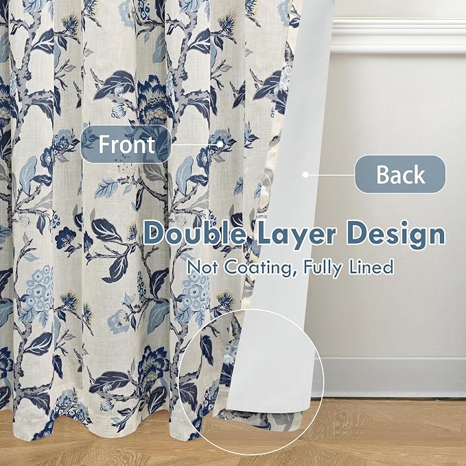 DriftAway Ada Floral Botanical Print Flower Leaf Lined Thermal Insulated Room Darkening Linen Blend 100% Blackout Back Tab Window Curtains 2 Layers Set of 2 Panels Each 52 Inch by 72 Inch Navy