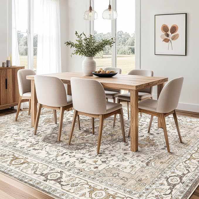 Area Rug for Living Room - 8x10 Soft Washable Oriental Vintage Floral Distressed Large Carpet - Fade Stain Resistant Non Slip Rugs for Bedroom Dining Room Nursery Dorm Office Home Decor-Camel/Beige
