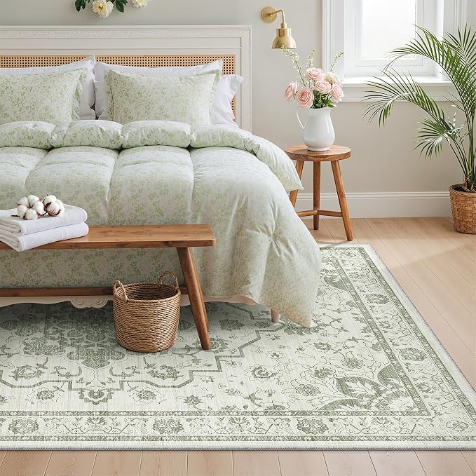 Madane 6x9 Area Rugs for Living Room, Machine Washable Vintage Green Rug with Non-Slip Backing, Soft Throw Rug, Thin Carpet for Bedroom Dining Room Farmhouse Under Table, Green/Ivory