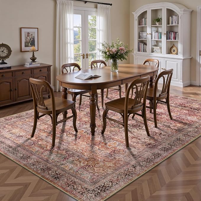 6x9 Area Rugs - Washable Vintage Retro Living Room Rug, Soft Ultra Thin Non Slip Low Pile Traditional Distressed Boho Carpet for Bedroom Dining Room Nursery Home Office, Vintage Iron Red