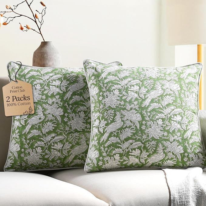 CPC 100% Cotton Throw Pillow Covers 24x24 Inch, Set of 2 Green Block Print Pattern Couch Pillow, Cute Boho Decorative Pillows for Living Room, Bedroom with Hidden Zipper- Olive Green