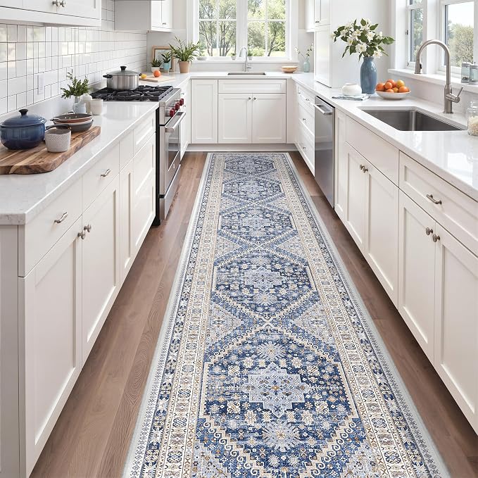 zesthome 3x16 Washable Runner Rug for Hallway, Non-Slip Long Hallway Runner for Entryway, Soft Vintage Kitchen Mats for Floor, Abstract Dining Room, Bedroom, Living Room Rugs(Blue/Beige,3'x16')