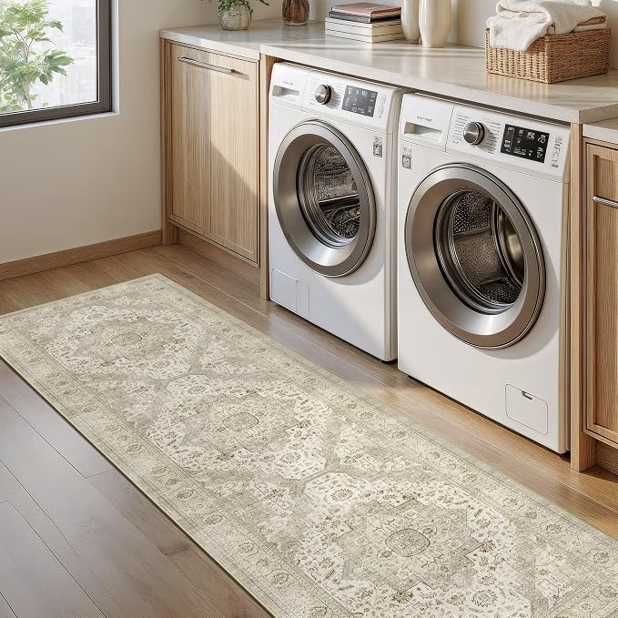 Roxstand Washable Runner Rug 2.6x8 Runners for Hallways, Ultra-Thin Carpet Runners for Entryway Anti Slip Backing Runner Rugs for Kitchen Laundry Room Indoor Hallway (Ivory/Beige)