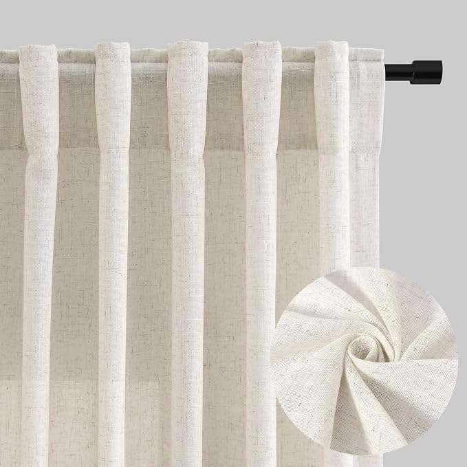 Aersas Kitchen Linen Curtains 45 Inch Length 2 Panel Set Back Tab Pocket Semi Sheer Light Filtering Cafe Short Curtain Farmhosue Natural Small Drapes for Basement Window Bathroom 52x45