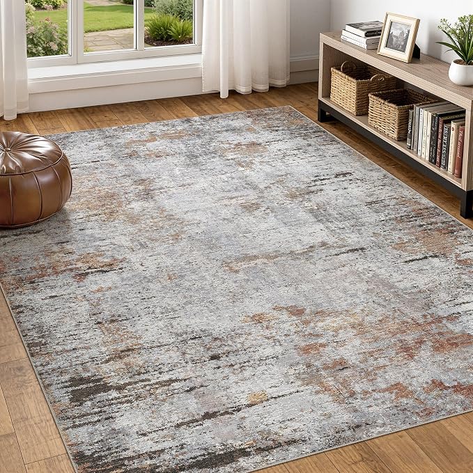 DMOYEST Area Rug Living Room Rugs - 5x7 Large Soft Indoor Neutral Modern Abstract Low Pile Washable Rug Carpet for Bedroom Dining Room Farmhouse Home Office - Grey Rust