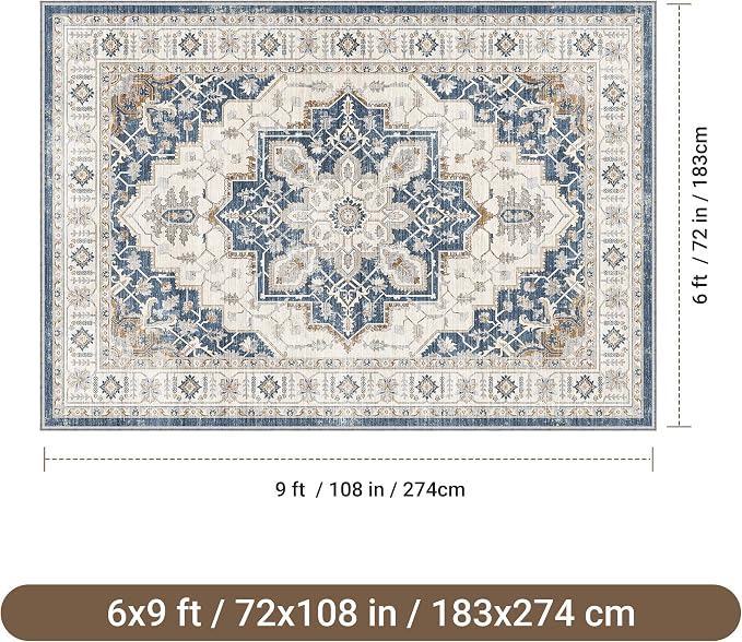 befbee 6x9 Area Rug for Living Rooms, Stain Resistant Neutral Washable Rugs for Dining Rooms, Floral Vintage Non-Slip Thin Large Size Area Rugs(Blue)