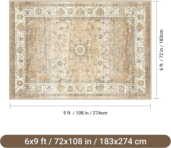 befbee 6x9 Area Rugs for Living Room - Stain Resistant Machine Washable Rugs for Bedroom,Non-Slip Backing Large Area Rug (Apricot/Blue, 6'x9')
