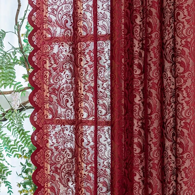ALIGOGO Wine Red Lace Curtains 108 Inche Long Set of 2, Modern Sheer Burgundy Curtains for High Ceiling Dining Room, French Romantic Rod Pockert Privacy Window Treatments Neutral Decor, 52x108