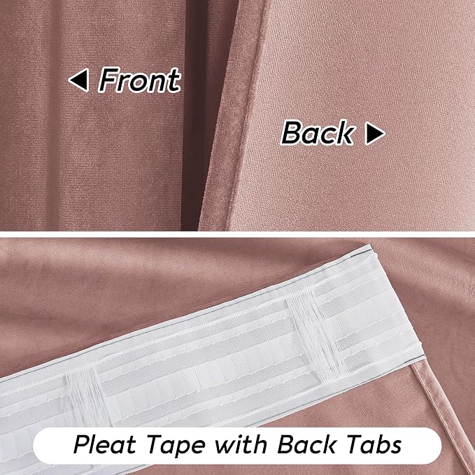 RYB HOME Dusty Pink Velvet Curtains for Bedroom Living Room, Thermal Insulated Privacy UV Heat Blocking Luxurious Drapes for Nursery Dining Room, 52"W x 108"L, 2 Panels, Rod Pocket/Back Tab/Hook Belt
