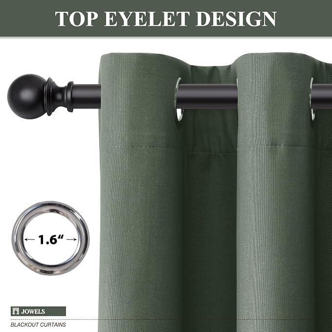 Jowels Olive Green Linen Blackout Curtains 80 Length 2 Panels Set for Living Room Bedroom, 100% Black Out Thermal Insulated Linen Drapes, Room Darkening Grommet Curtains 80 Inches Long
