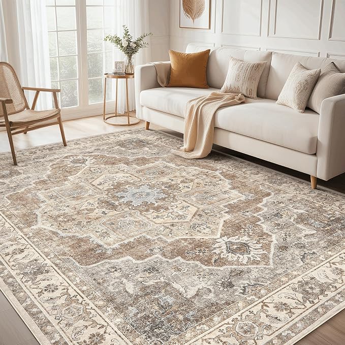 10x14 Washable Area Rug: Vintage Neutral Soft Non Slip Thin Large Floor Carpet for Living Room Bedroom Kitchen Dining Room Home Office Farmhouse Indoor - Beige Brown