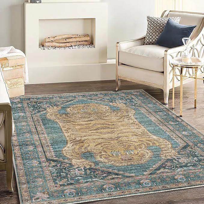 CHAMPLANT Washable Area Rug 3'x5' Vintage Traditional Floor Cover Foldable Thin Rugs Retro Kitchen Indoor Distressed Non Slip Carpet Floral Print Mat Bedroom Living Room