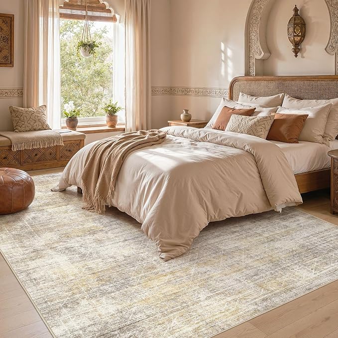 cotiled Washable Area Rugs 9x12 Living Room | Non Slip Backing, Stain Resistant, Pet Friendly, Large Neutral Soft Indoor Carpet For Bedroom, Nursery, Office, Gold/Brown
